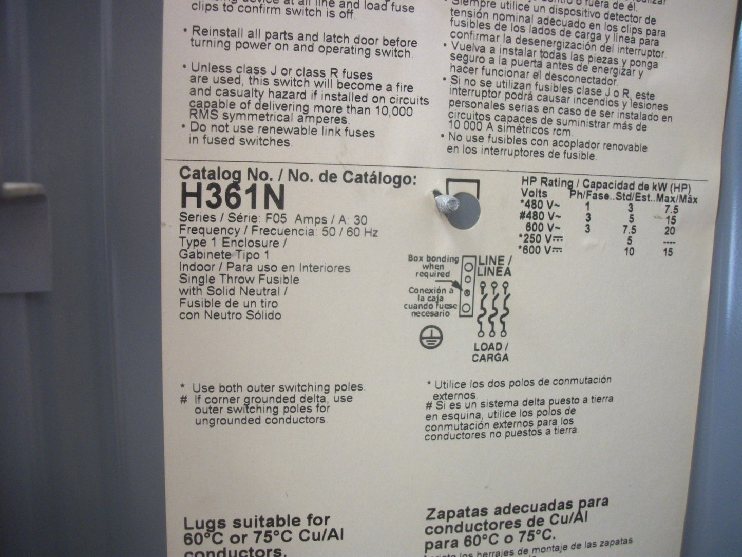 SQUARE D DISCONNECT TYPE 1 H361N 30AMP 600VOLT 3POLE FUSIBLE