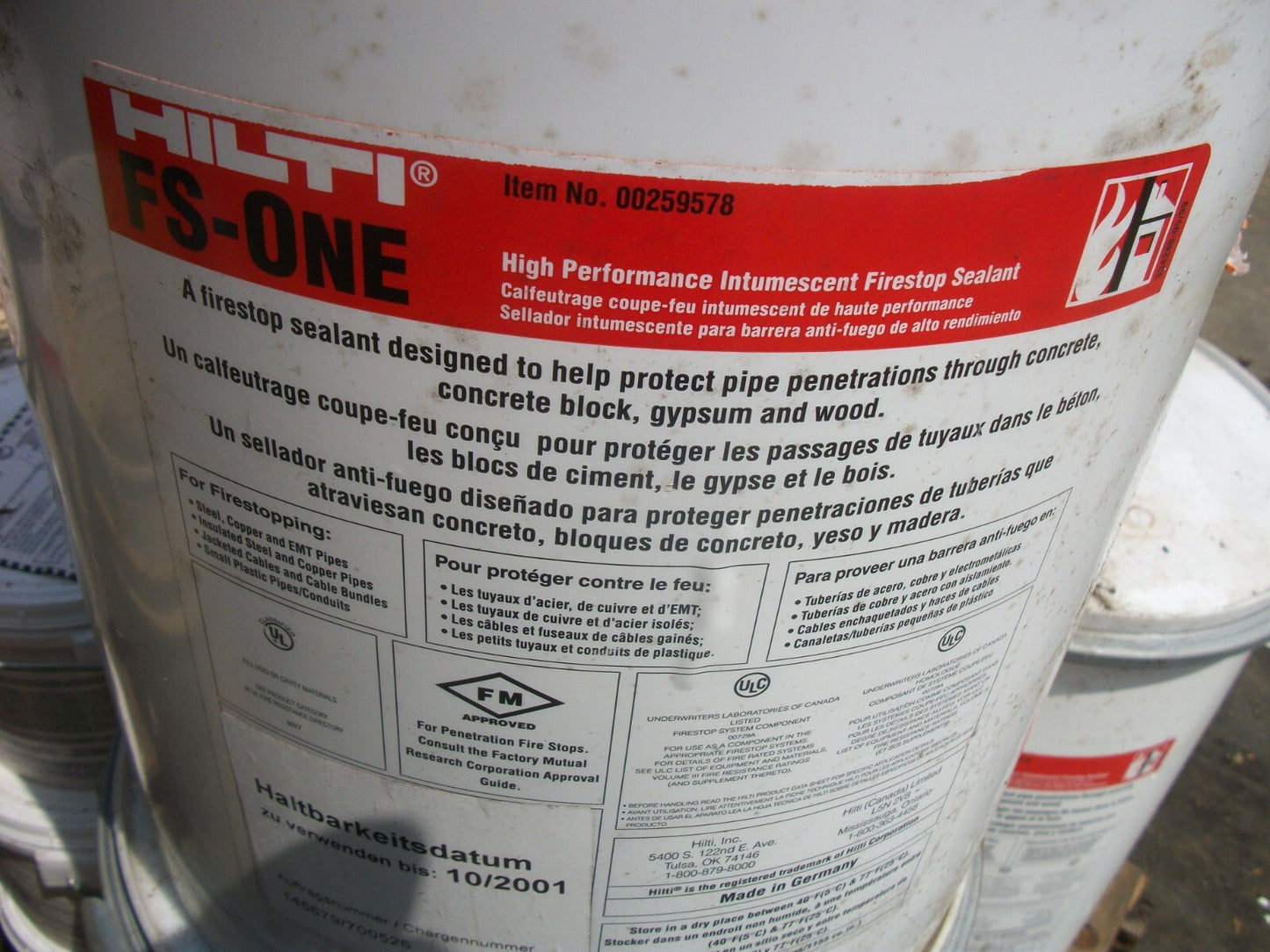 HILTI FS-ONE 5-GALLON HIGH PERFORMANCE INTUMESCENT FIRESTOP SEALANT 00259578 NEW