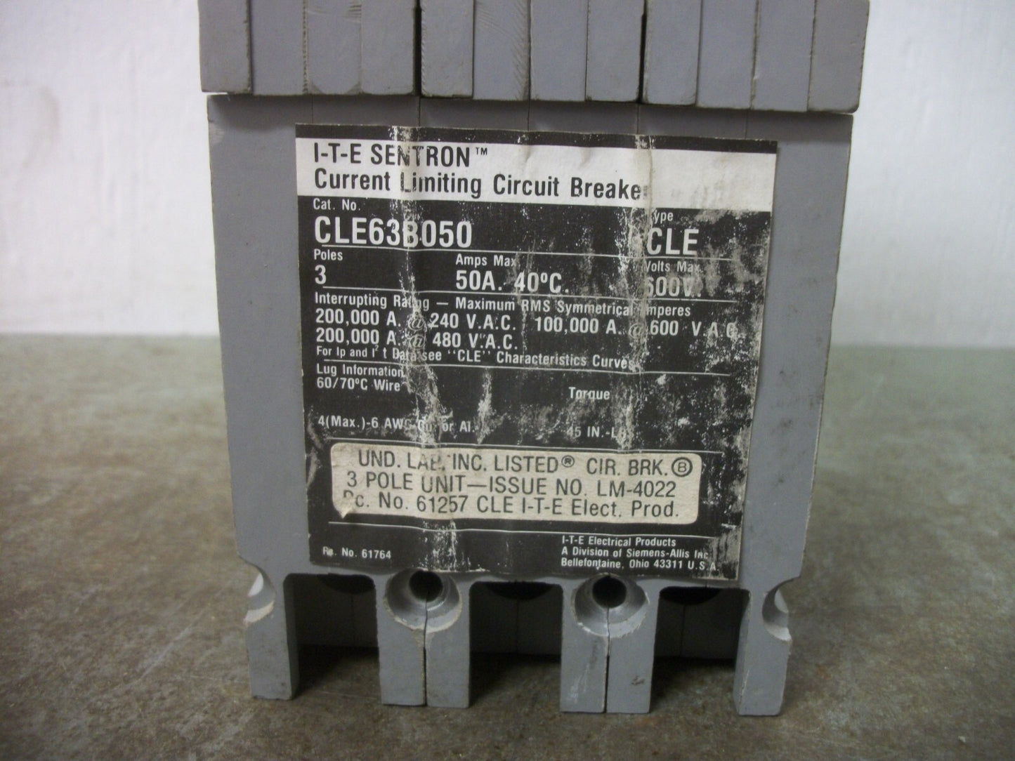 SIEMENS ITE SENTRON CLE CIRCUIT BREAKER CLE63B050 50AMP 600VOLT 3POLE