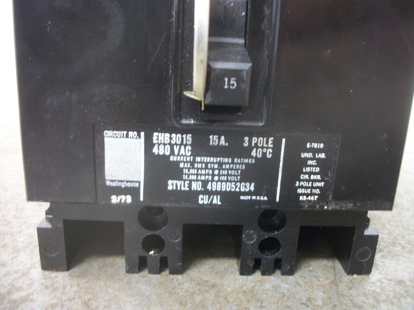 WESTINGHOUSE EHB CIRCUIT BREAKER EHB3015 15AMP 480VOLT 3POLE