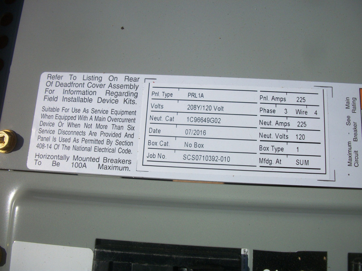 CUTLER-HAMMER PRL1A PANELBOARD INTERIOR 1C96649G02 225A 208Y/120V 3PH NIB