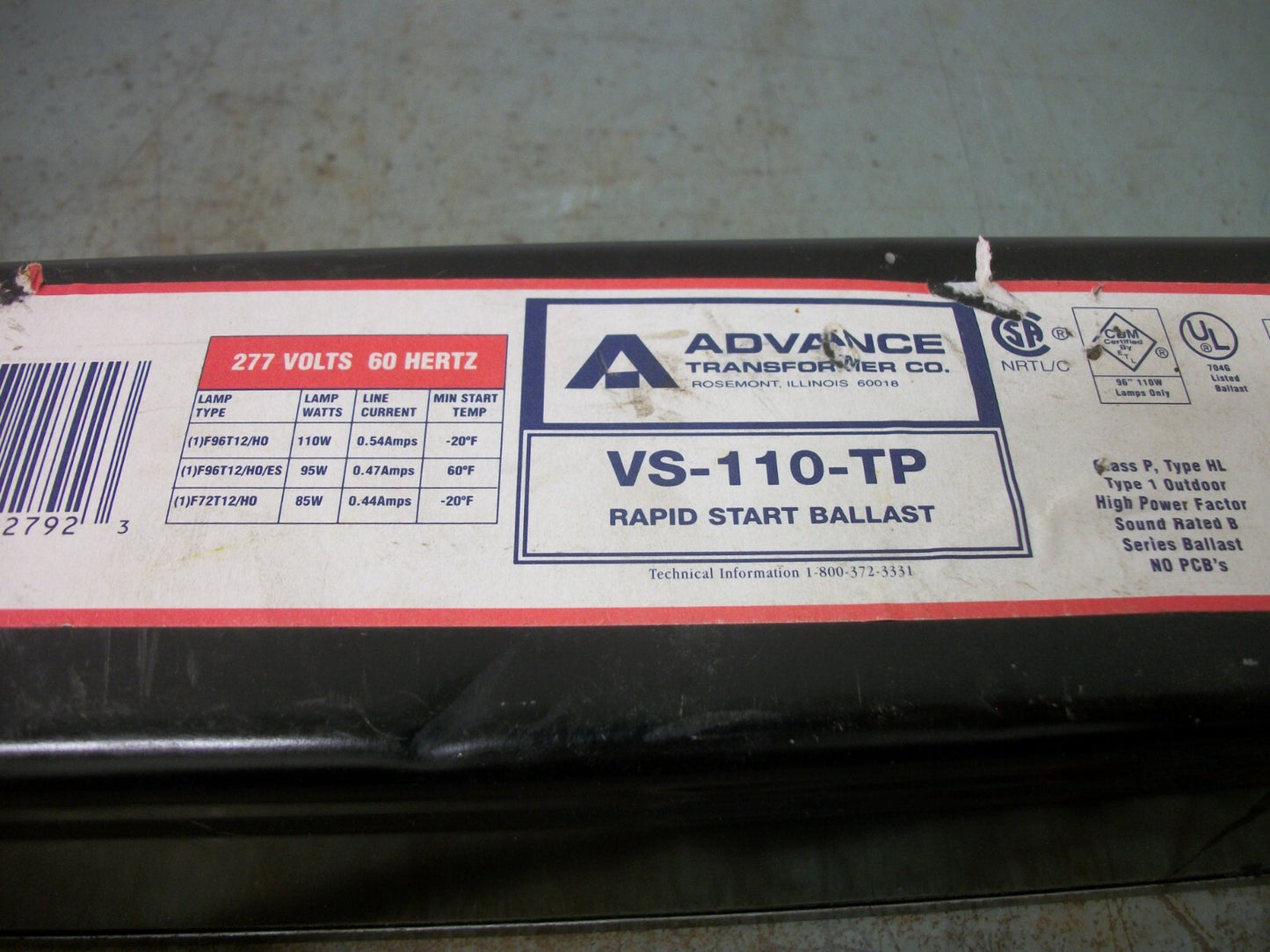 ADVANCE RAPID START BALLAST VS-110-TP 277VOLT