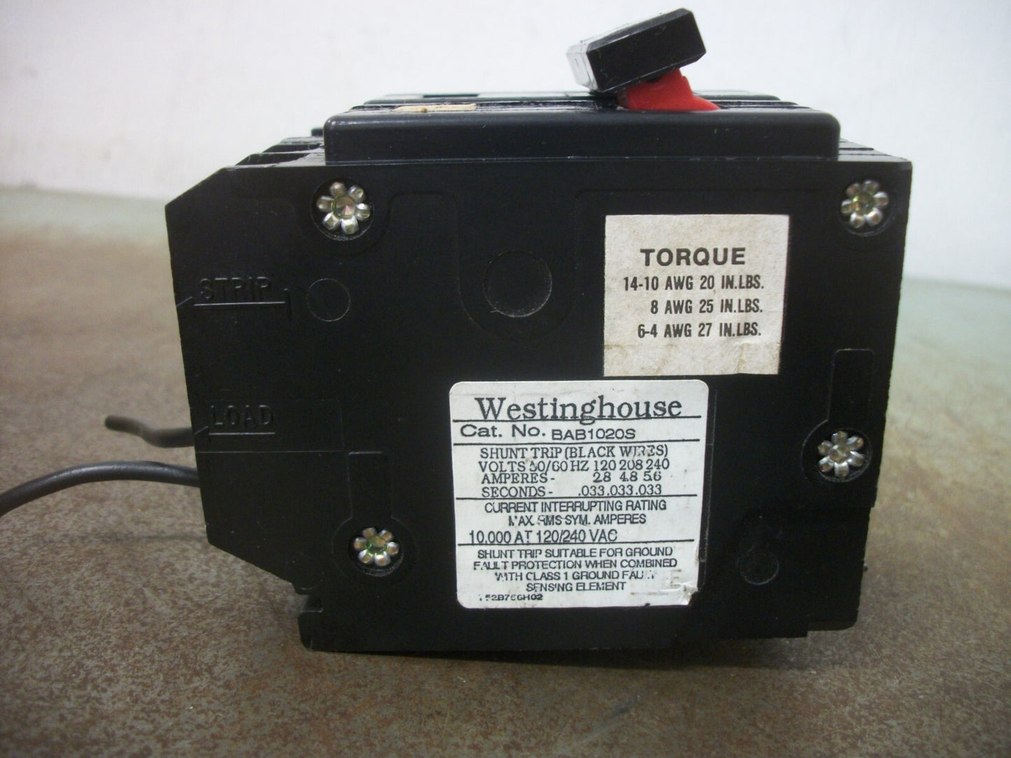 WESTINGHOUSE BA CIRCUIT BREAKER BAB1020S 20AMP 240VOLT 1POLE W/SHUNT