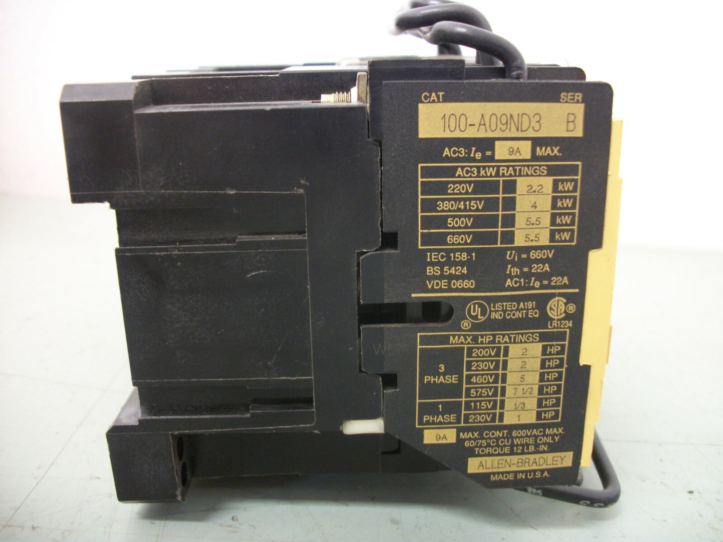 ALLEN-BRADLEY REV CONTACTOR 100-A09ND3 9AMP 120VCOIL 3PH 600V 7.5HP