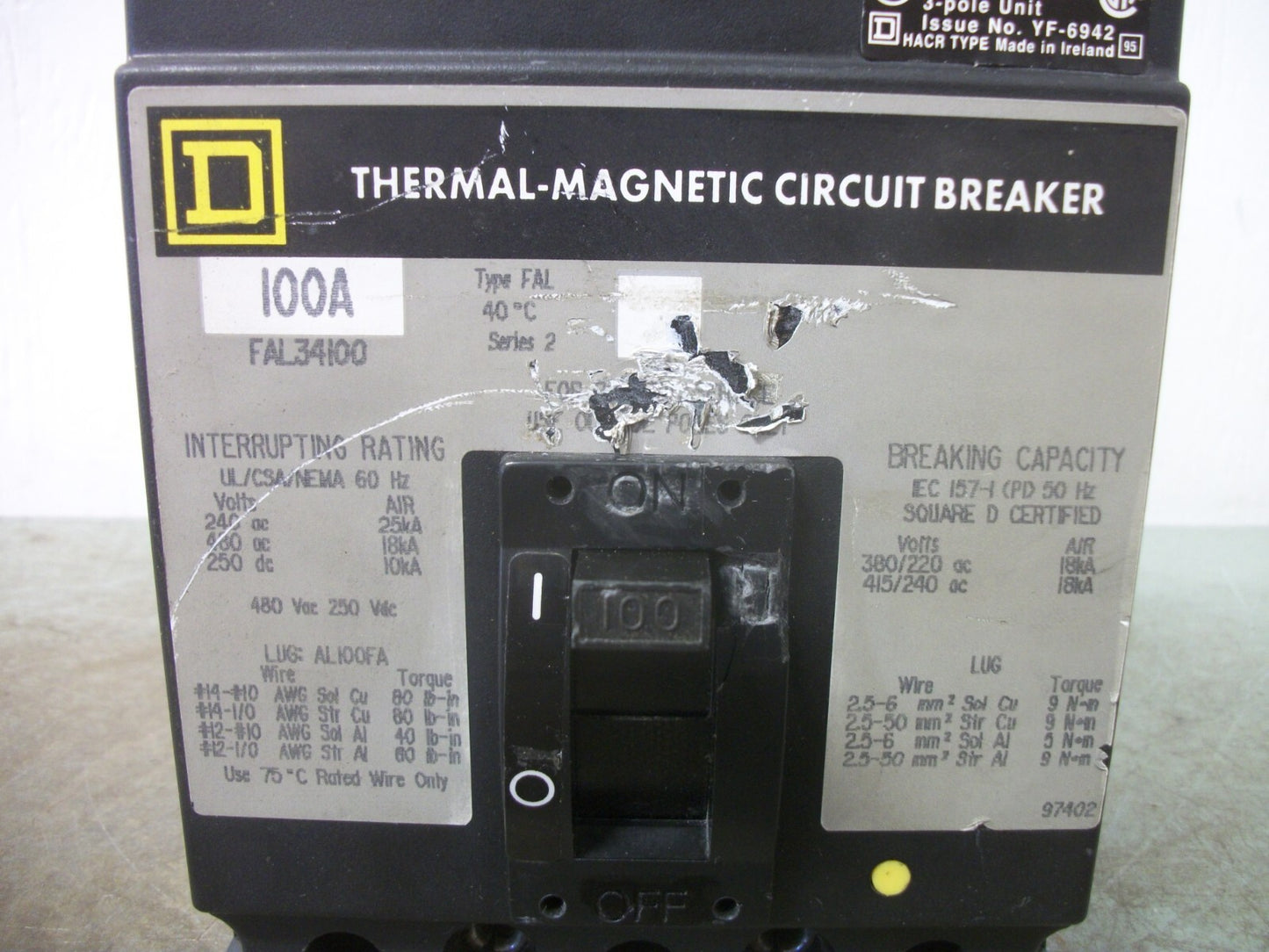 SQUARE D FAL CIRCUIT BREAKER FAL34100 100AMP 480VOLT 3POLE GRAY