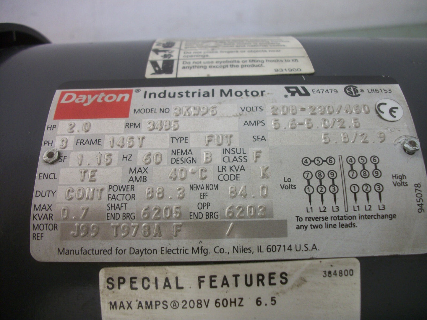 DAYTON 2HP 145T TE AC MOTOR 3KW96 460VOLT 3PH 3485RPM NOB