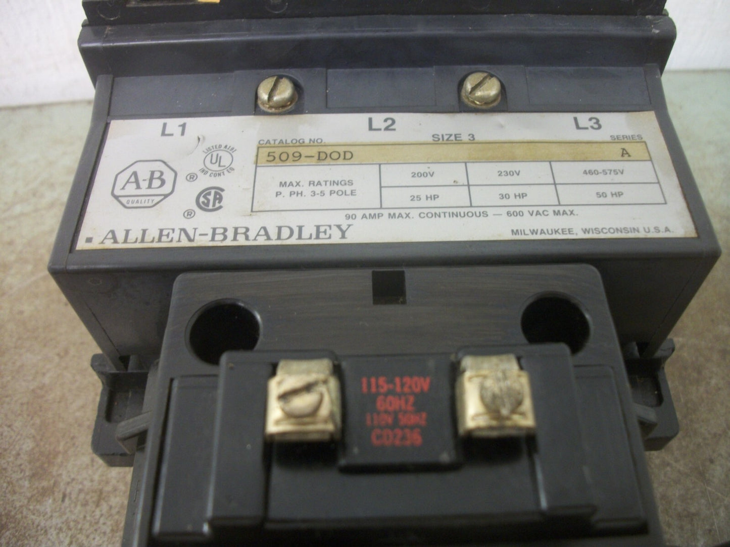 ALLEN-BRADLEY SIZE 3 MOTOR STARTER 509-DOD 90AMP 120VCOIL 3PH 600V 50HP