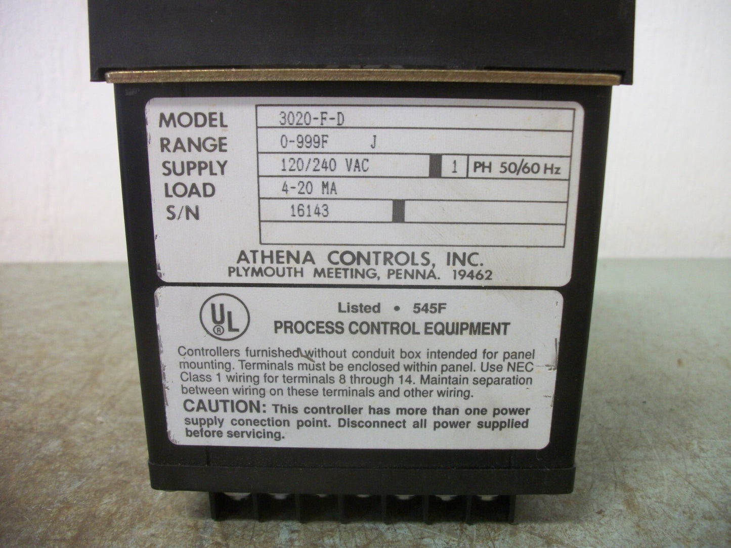 ATHENA TEMPERATURE CONTROLLER 3020-F-D 0-999F 120/240VOLT 4-20MA 1PH