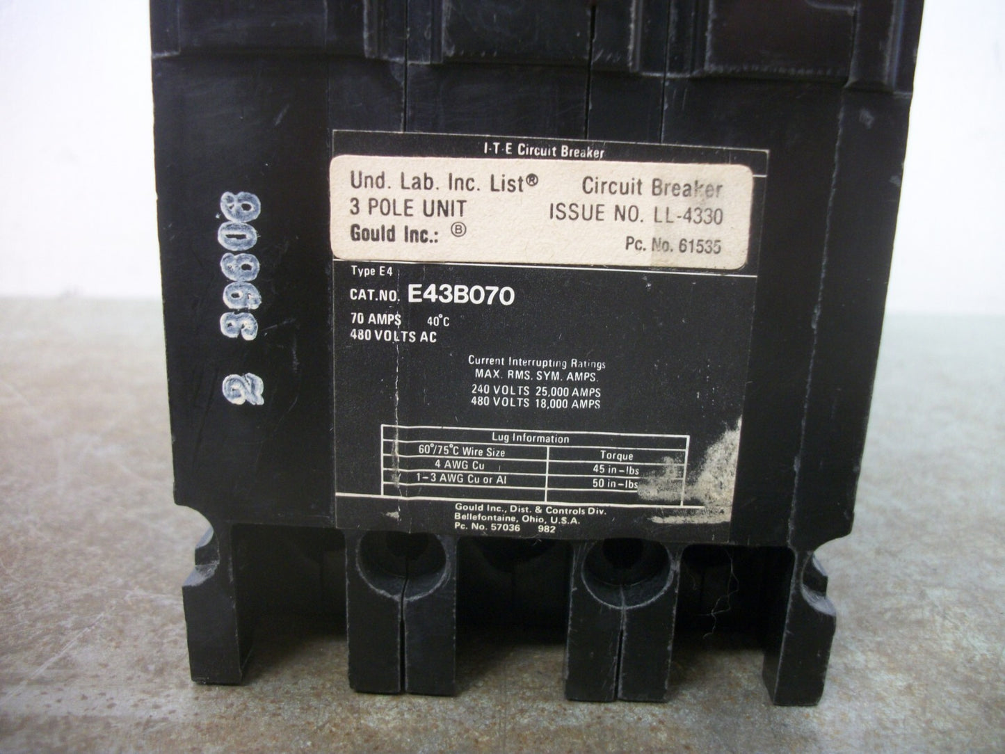 SIEMENS ITE E4 CIRCUIT BREAKER E43B070 70AMP 480VOLT 3POLE