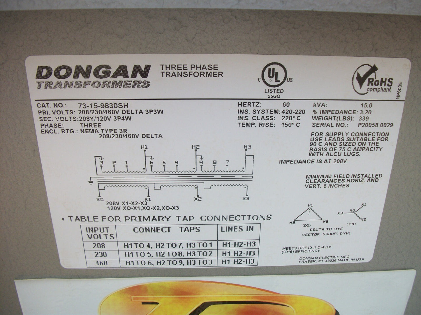DONGAN 15KVA 3PH 3R TRANSFORMER 73-15-9830SH HV 208/230/460D LV 208Y/120 NEW