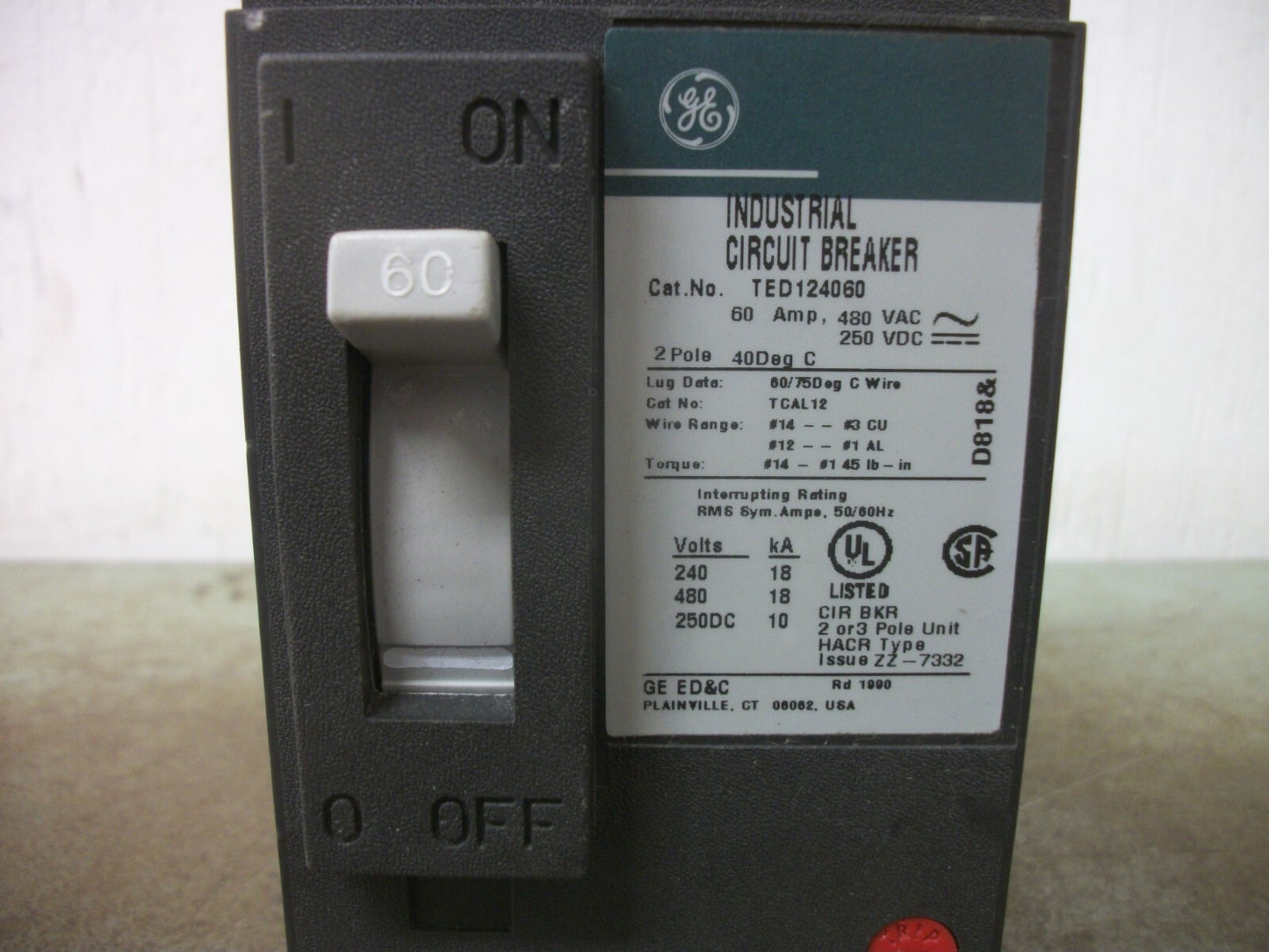GE TED CIRCUIT BREAKER TED124060 60AMP 480VOLT 2POLE GREEN