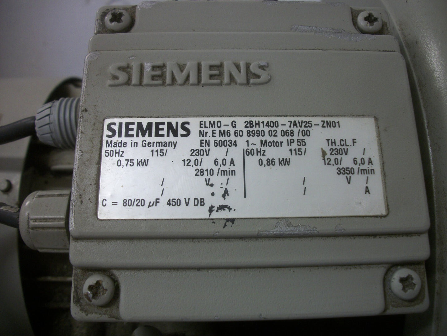 SIEMENS 0.86KW VACUUM PUMP ELM0-G 2BH1400-7AV25-ZN01 230VOLT 1PH 3350RPM