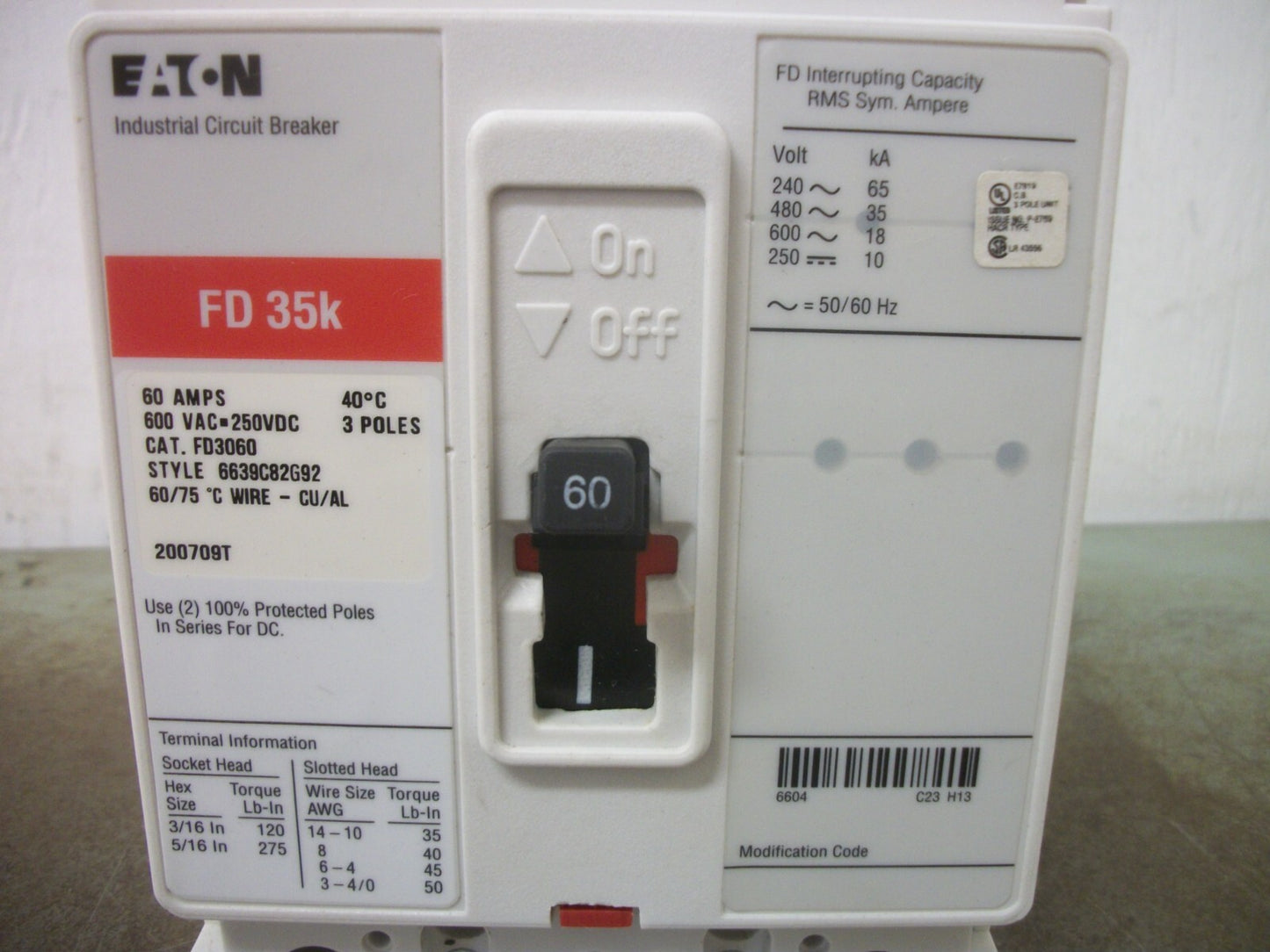CUTLER-HAMMER FD CIRCUIT BREAKER FD3060 60AMP 600VOLT 3POLE RED