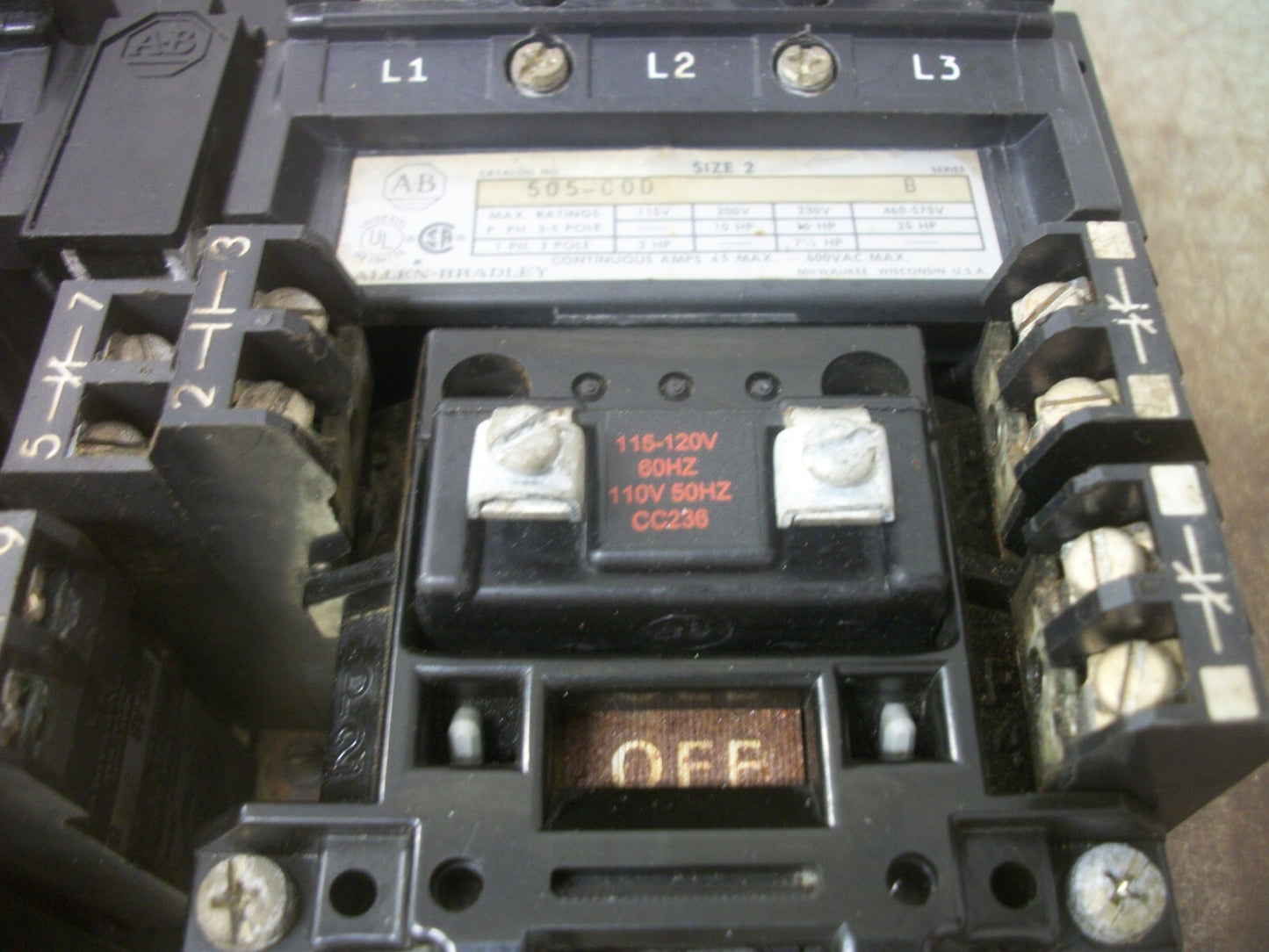 ALLEN-BRADLEY SIZE 2 REV MOTOR STARTER 505-COD 45AMP 120VCOIL 3PH 600V 25HP