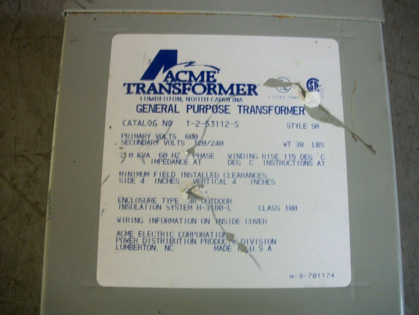 ACME 2KVA 1PH TRANSFORMER T-2-53112-S HV 600 LV 120/240