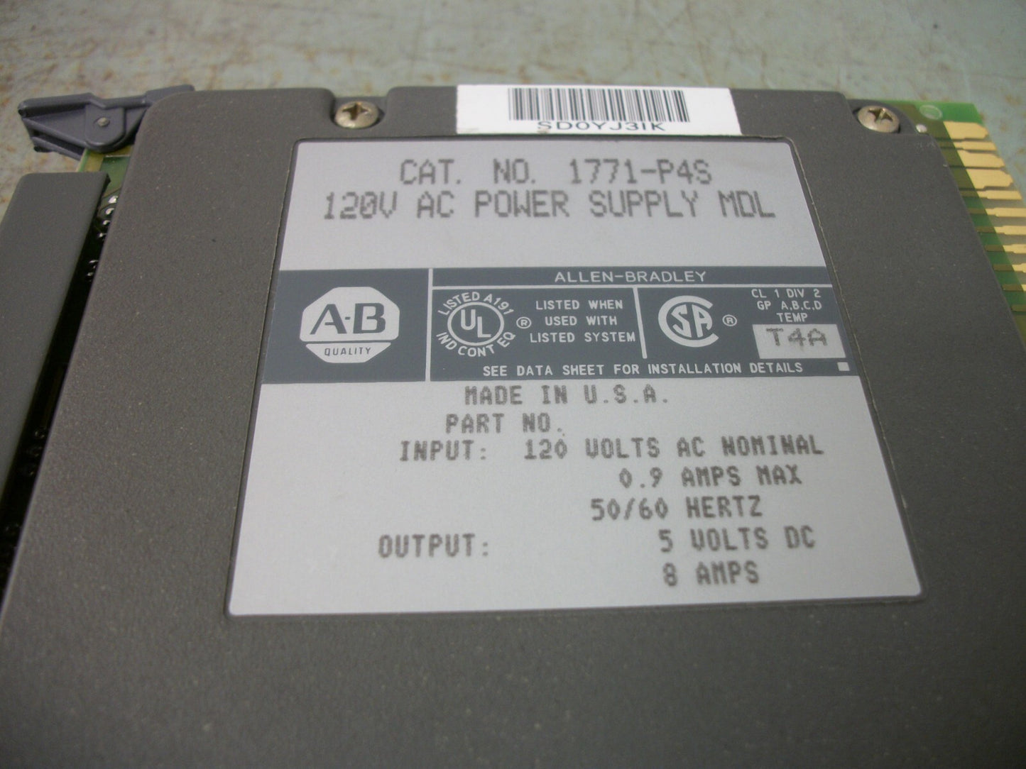 ALLEN-BRADLEY 120V AC POWER SUPPLY MODULE 1771-P4S