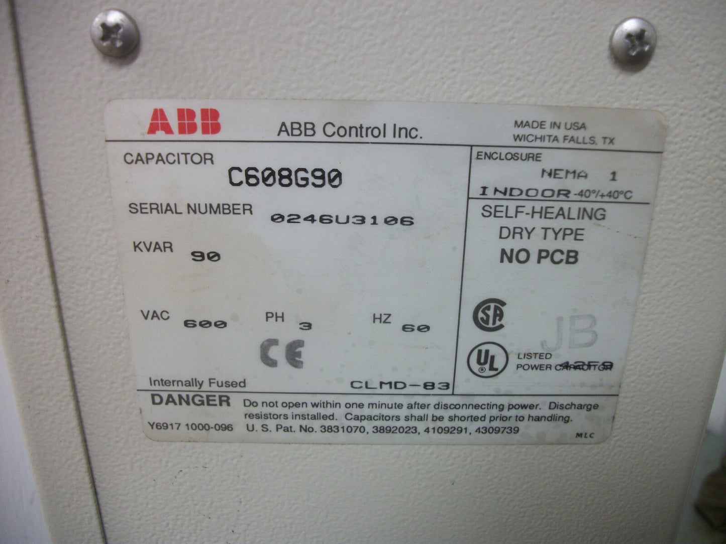 ABB DRY-TYPE CAPACITOR C608G90 90KVAR 600VOLT 3PH