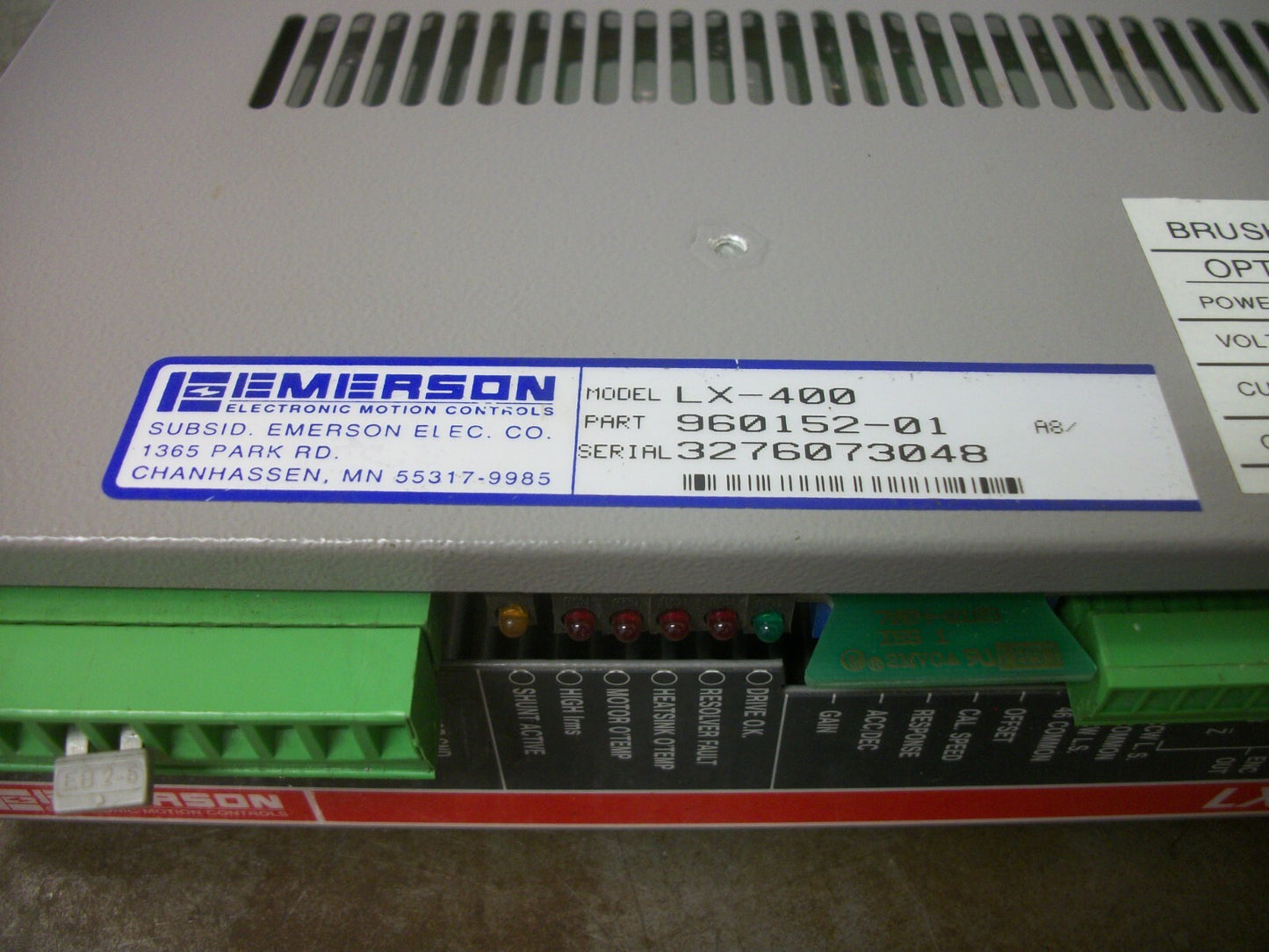 EMERSON LX-400 1KW BRUSHLESS AC SERVO DRIVE 960152-01 220VOLT 3PH 4.5AMP