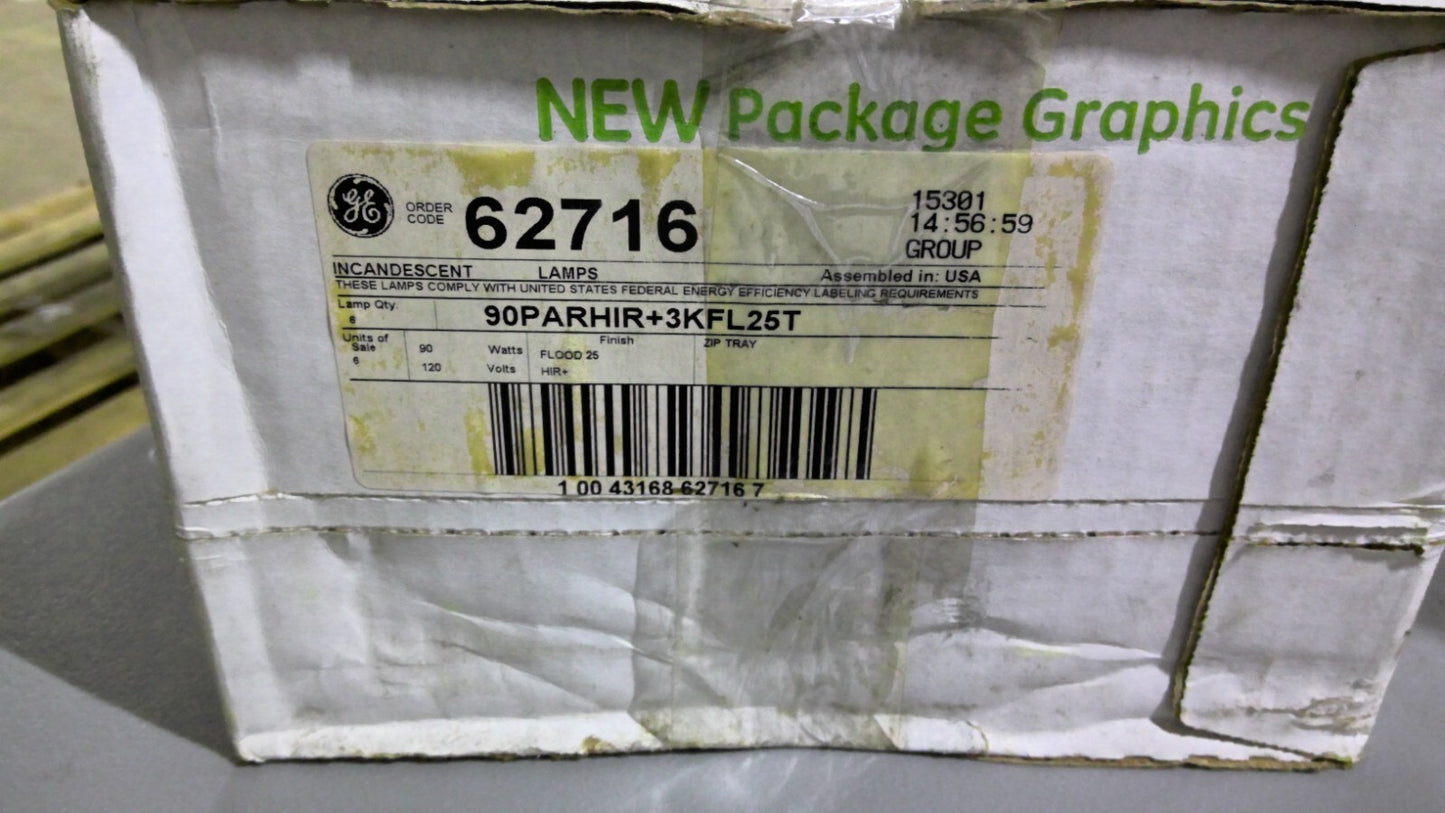 GE 62716 BOX OF 6 INCANDESCENT HALOGEN LAMPS 90PARHIR+3KFL25T 90W 120V NIB