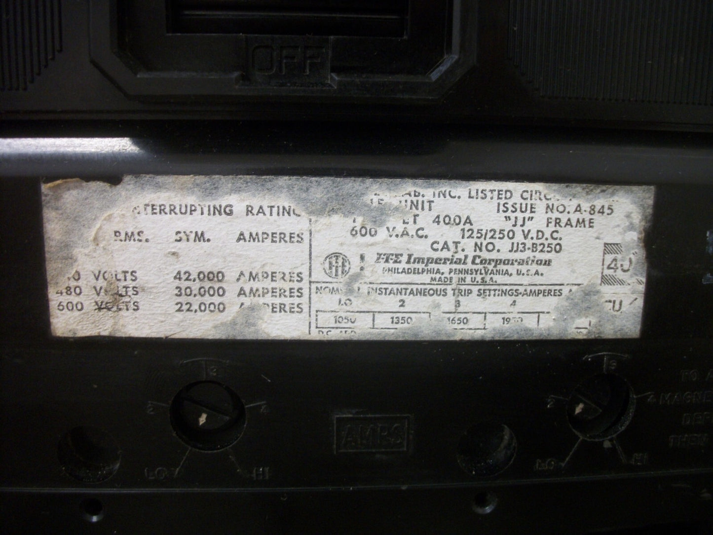 SIEMENS ITE JJ CIRCUIT BREAKER JJ3B250 250AMP 600VOLT 3POLE