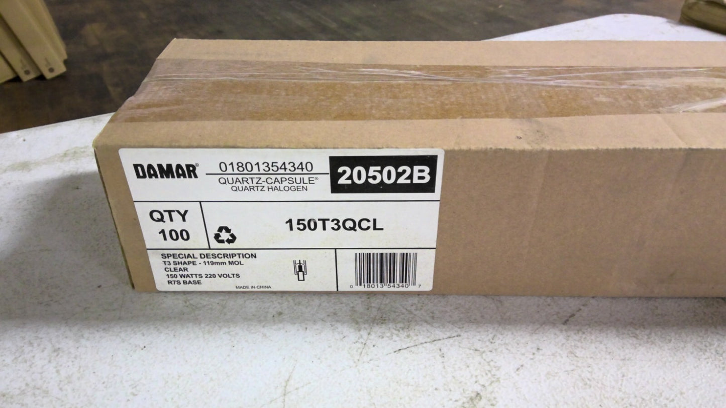 DAMAR 20502B BOX OF 100 T3 CLEAR QUARTZ-CAPSULE HALOGEN BULBS 150T3QCL 150W NIB