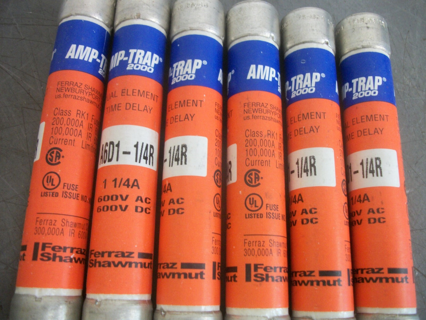 FERRAZ-SHAWMUT LOT OF 6 AMP-TRAP FUSES A6D1-1/4R 1-1/4AMP 600VOLT NOB