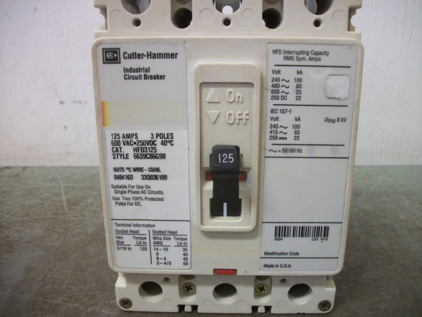 CUTLER-HAMMER HFD CIRCUIT BREAKER HFD3125 125AMP 600VOLT 3POLE FADED