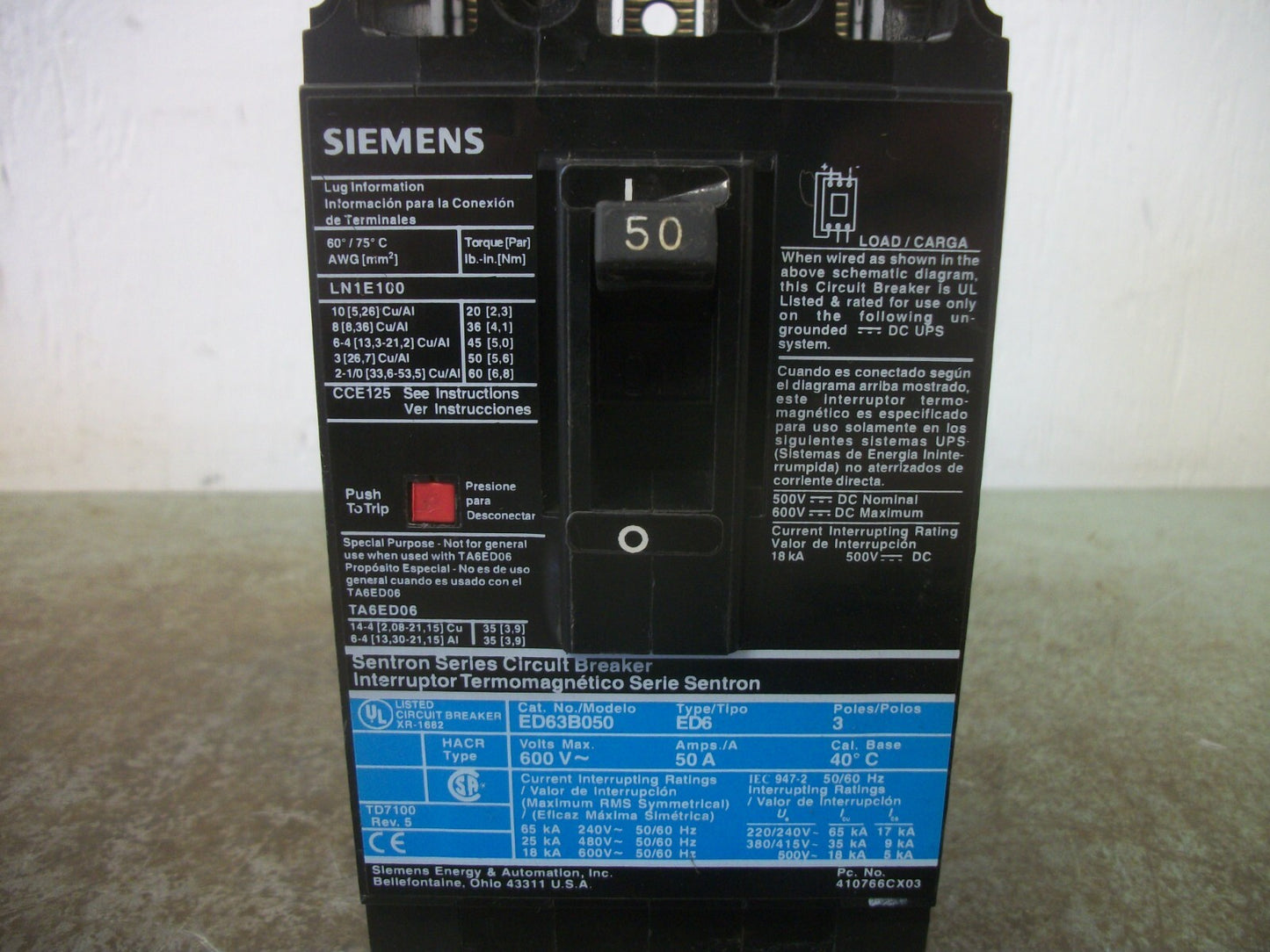 SIEMENS SENTRON ED6 CIRCUIT BREAKER ED63B050 50AMP 600VOLT 3POLE