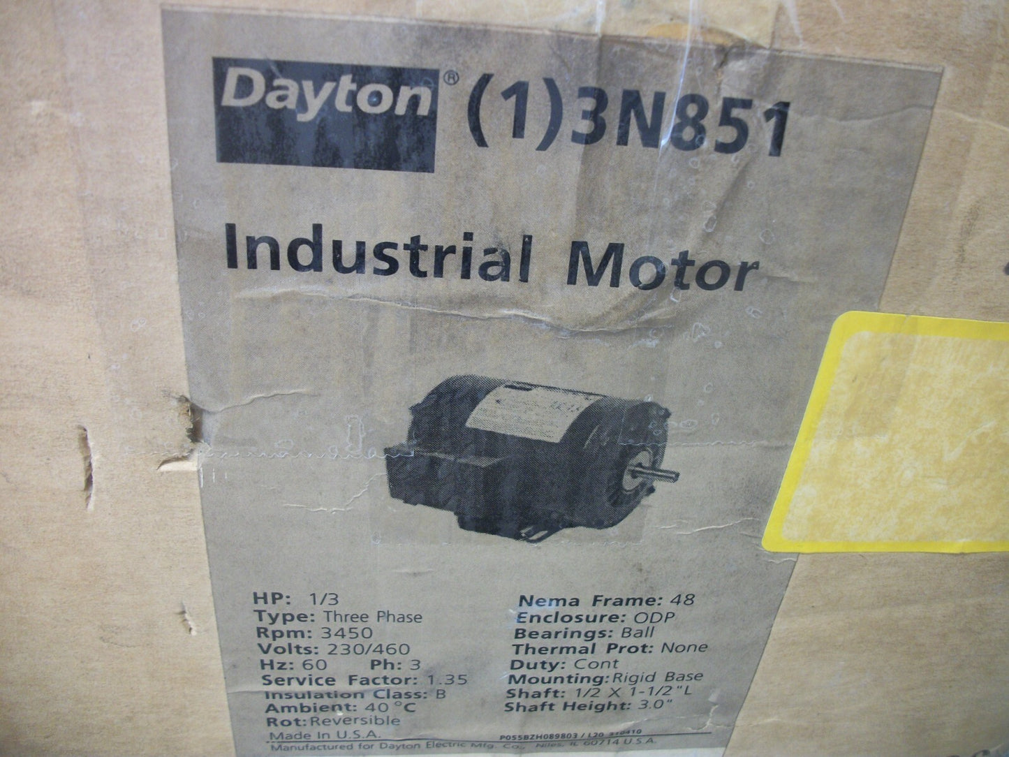 DAYTON 1/3HP 48 ODP AC MOTOR 3N851 460VOLT 3PH 3450RPM NIB