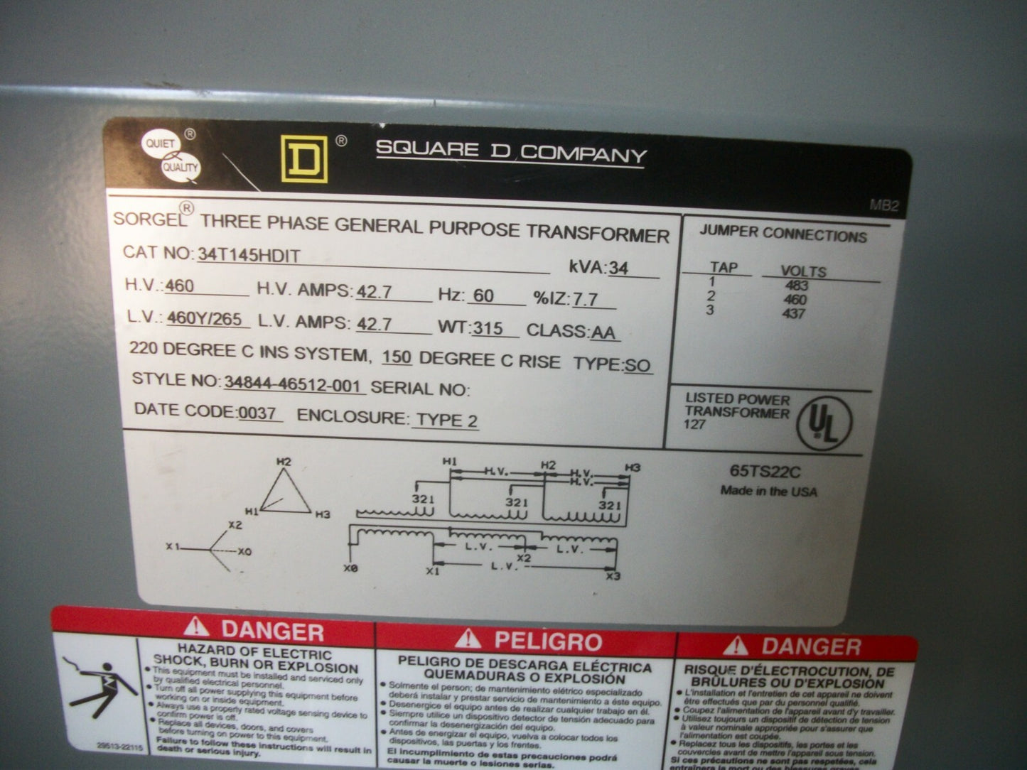 SQUARE D SORGEL 34KVA 3PH TRANSFORMER 34T145HDIT HV 460 LV 460Y265 NEW