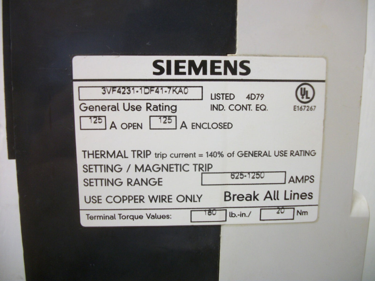 SIEMENS 3VF4 CIRCUIT BREAKER 3VF4231-1DF41-7KA0 125AMP 600VOLT 3POLE