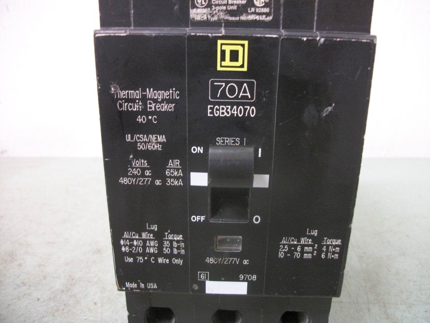SQUARE D EGB CIRCUIT BREAKER EGB34070 70AMP 480VOLT 3POLE
