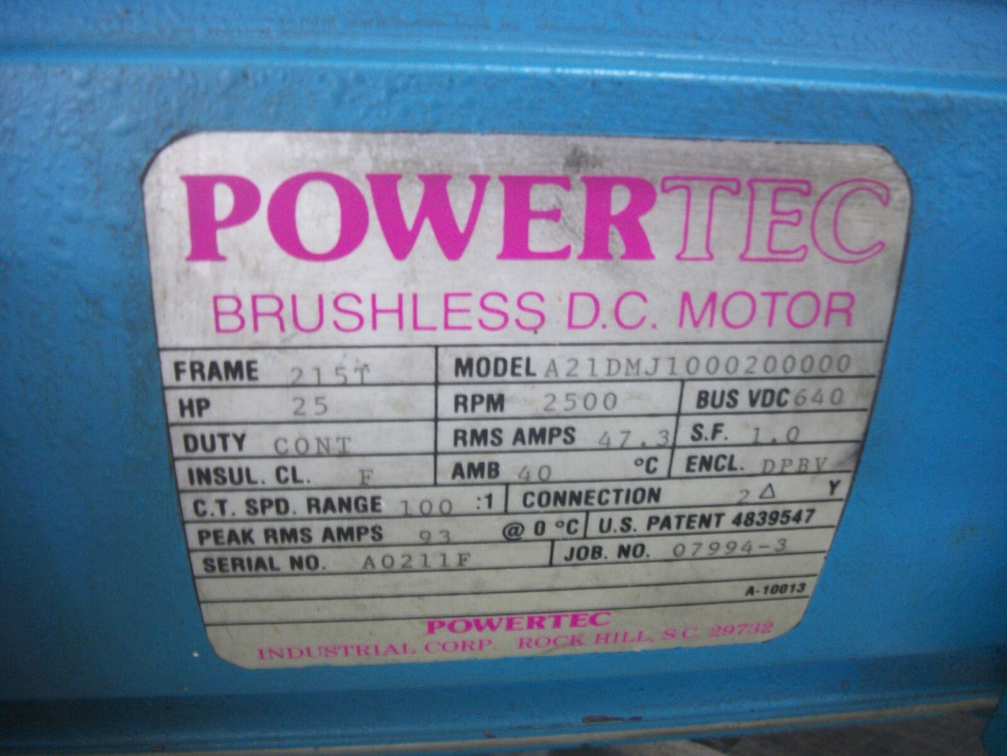 POWERTEC 25HP 215T DPBV BRUSHLESS DC MOTOR A21DMJ1000200000 640VDC 2500RPM