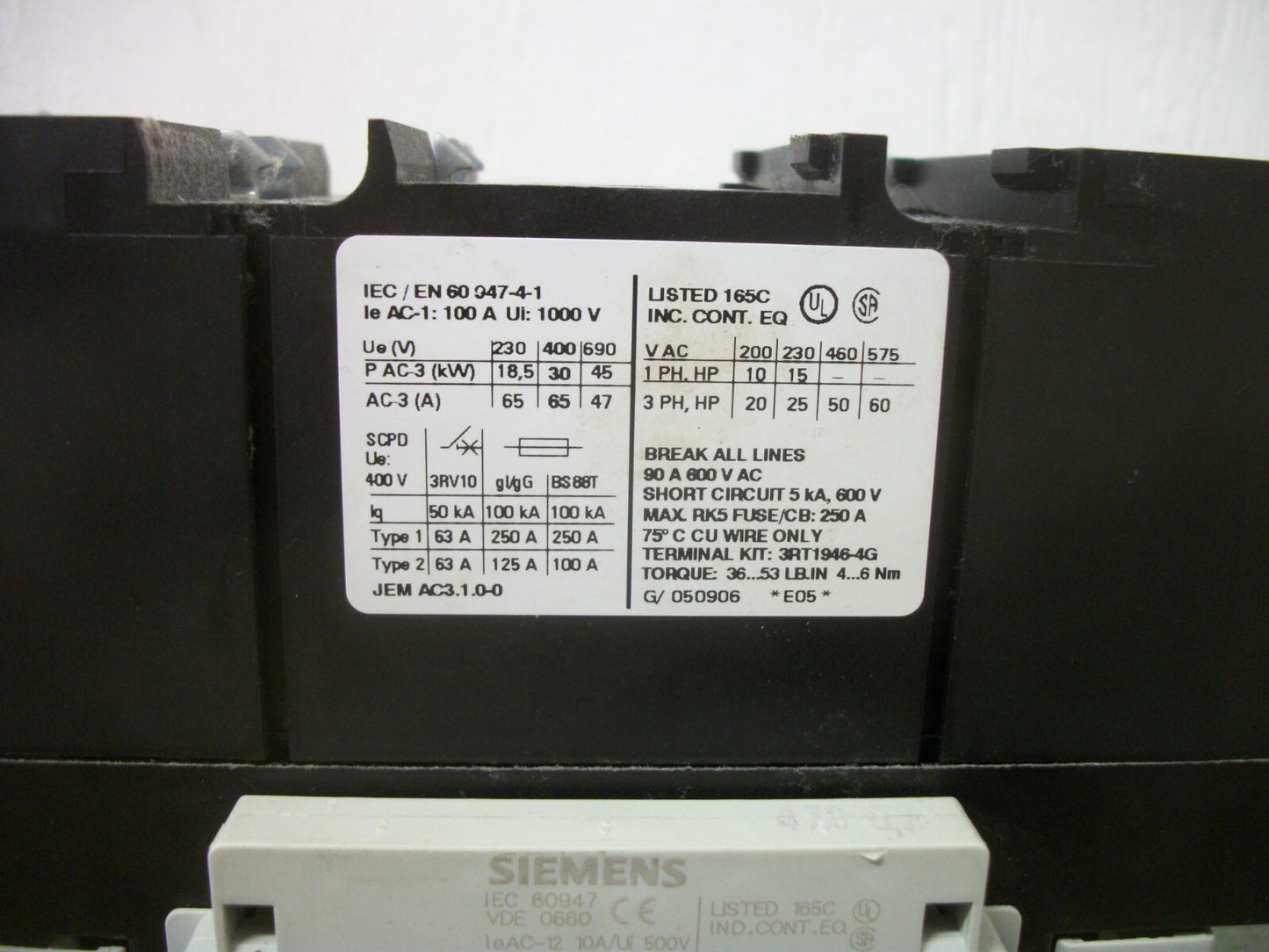 SIEMENS CONTACTOR 3RT1044-1FB46 90AMP 24VCOIL 3PH 600V 60HP