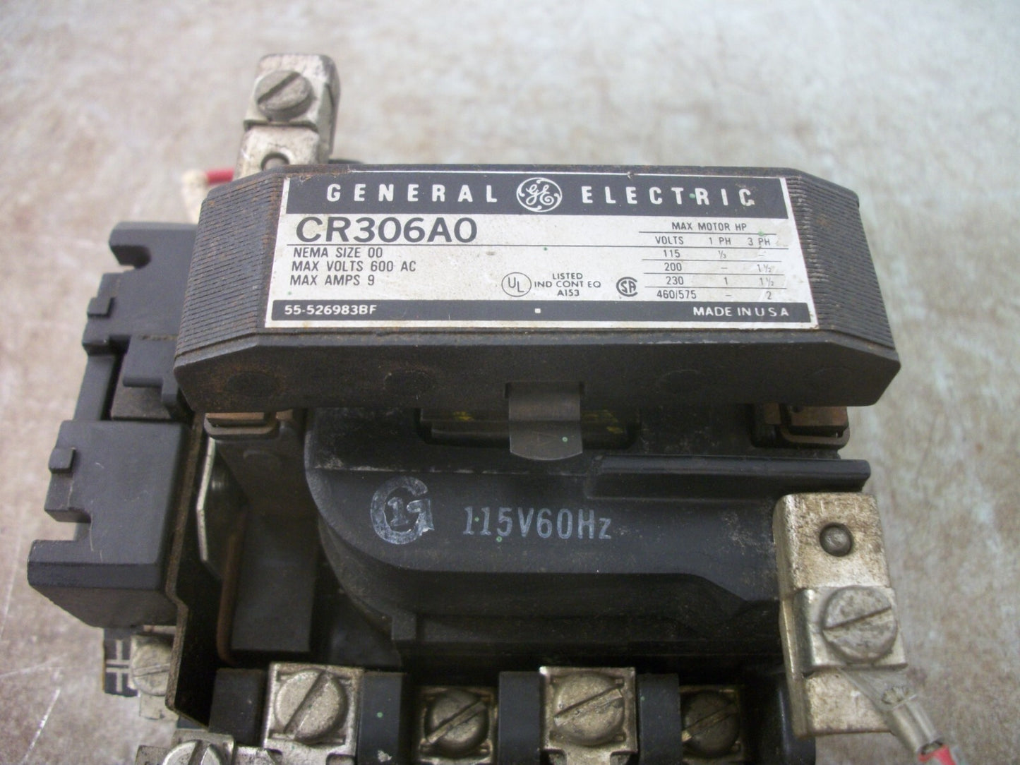 GE SIZE 00 MOTOR STARTER CR306A0 9AMP 115VCOIL 3PH 600V 2HP