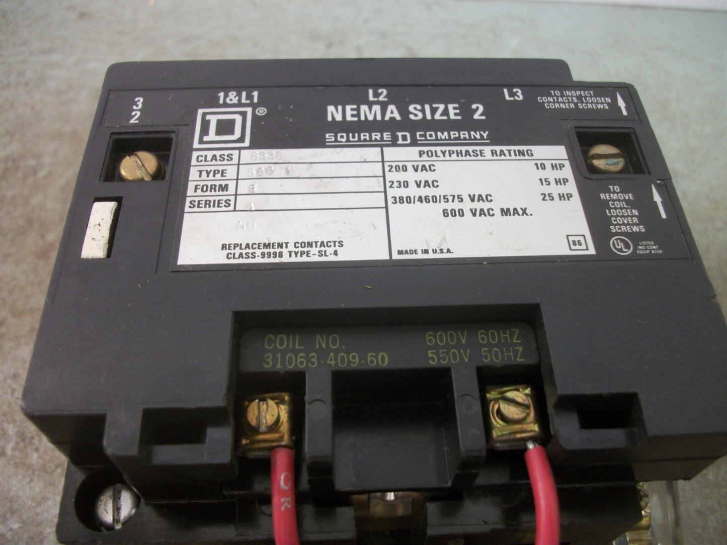 SQUARE D SIZE 2 MOTOR STARTER 8536SDO1 600VCOIL 3PH 600V 25HP