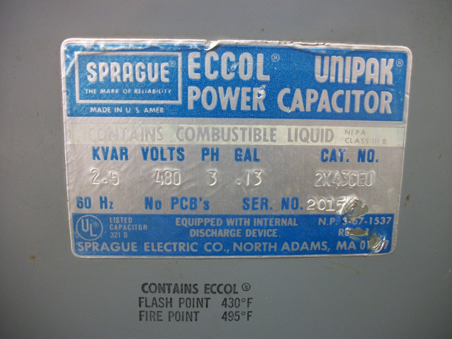 SPRAGUE ECCOL UNIPAK POWER CAPACITOR 2X43CEU 2.5KVAR 480VOLT 3PH NOB