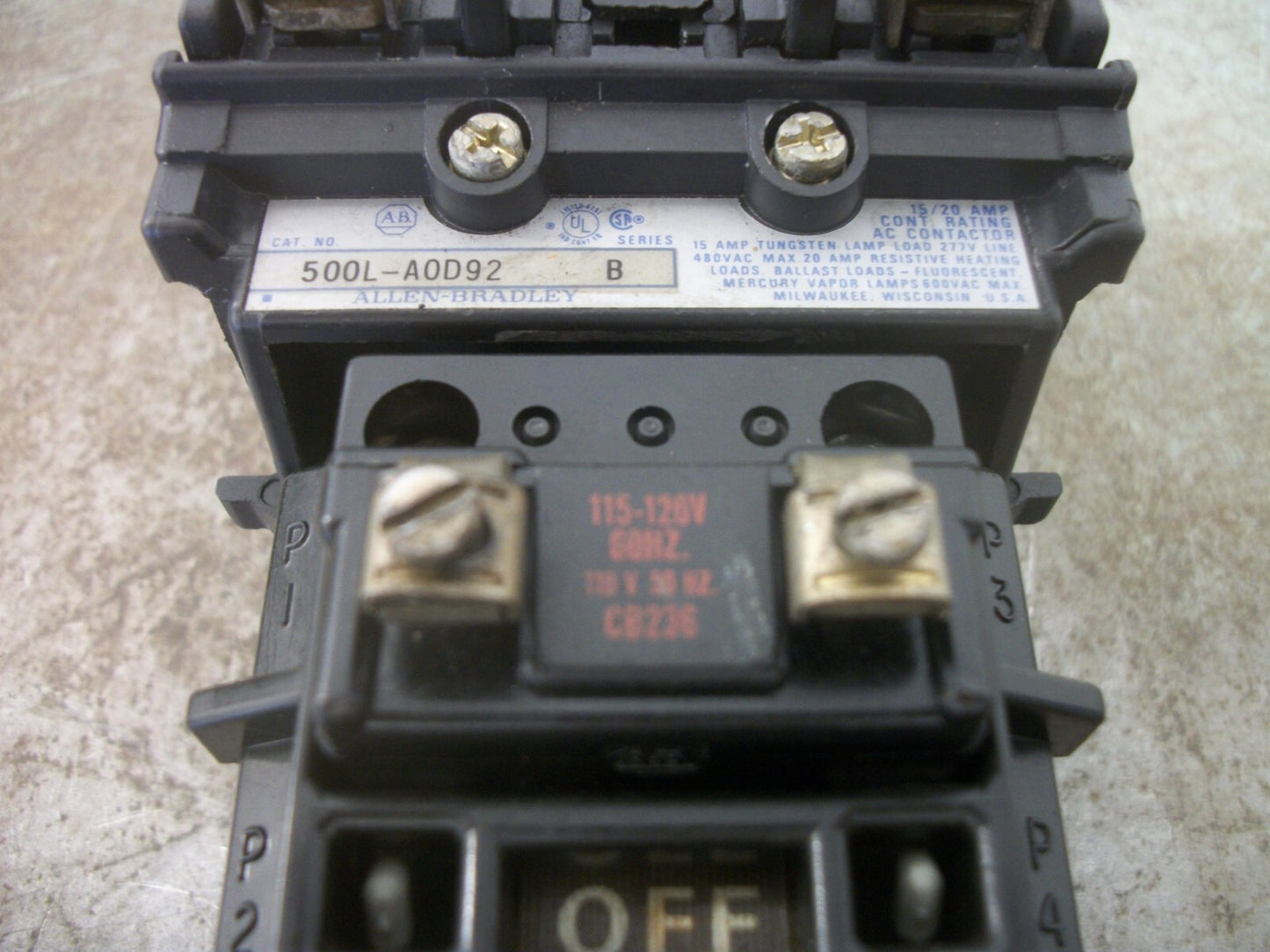 ALLEN-BRADLEY 15/20AMP 2POLE LIGHTING CONTACTOR 500L-AOD92 120VCOIL