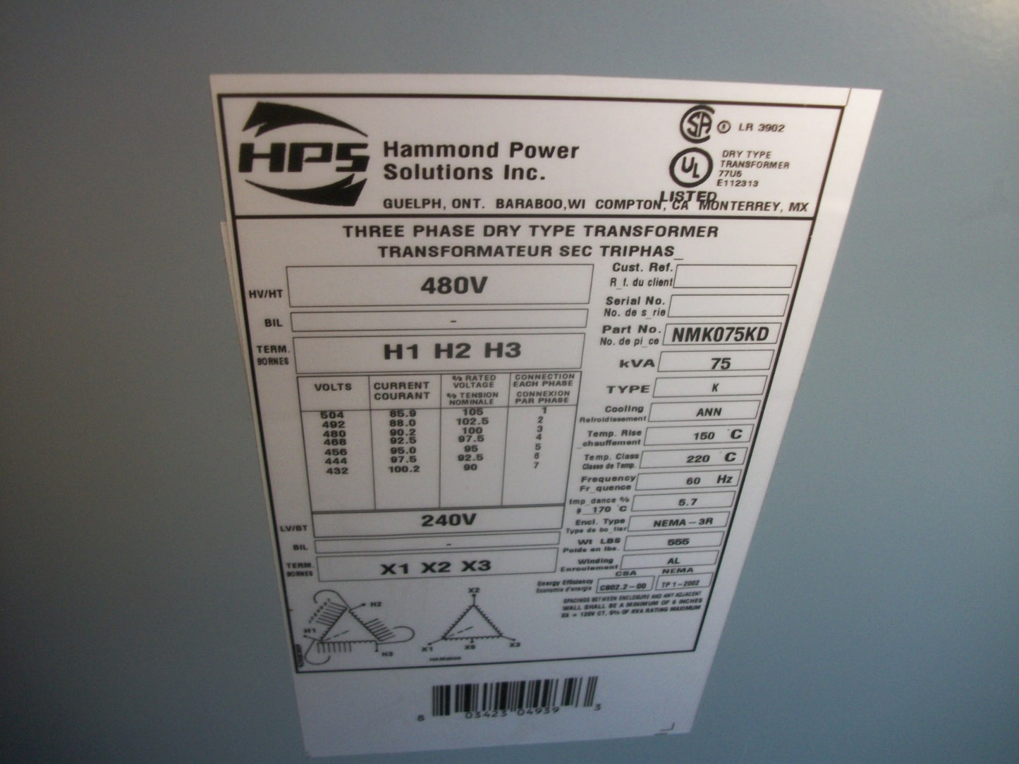 HAMMOND 75KVA 3PH TRANSFORMER TYPE 3R NMK075KD HV 480 LV 240