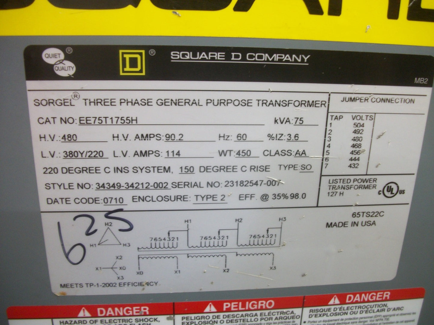 SQUARE D SORGEL 75KVA 3PH TRANSFORMER EE75T1755H HV 480 LV 380Y/220
