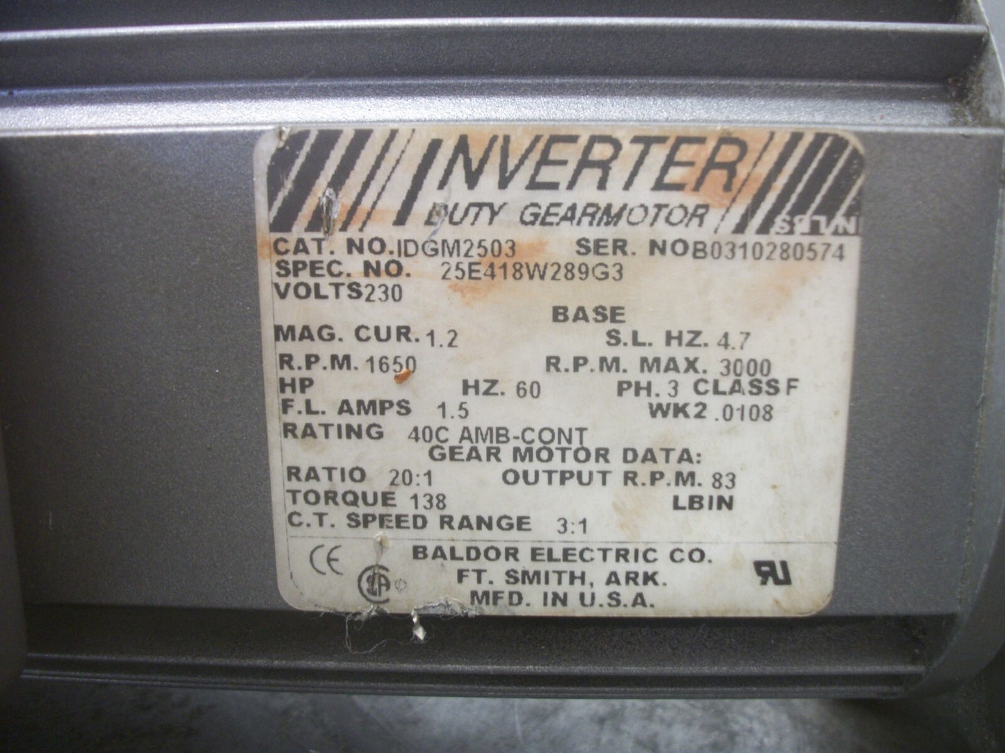 BALDOR 20:1 RATIO INVERTER DUTY GEARMOTOR IDGM2503 83RPM