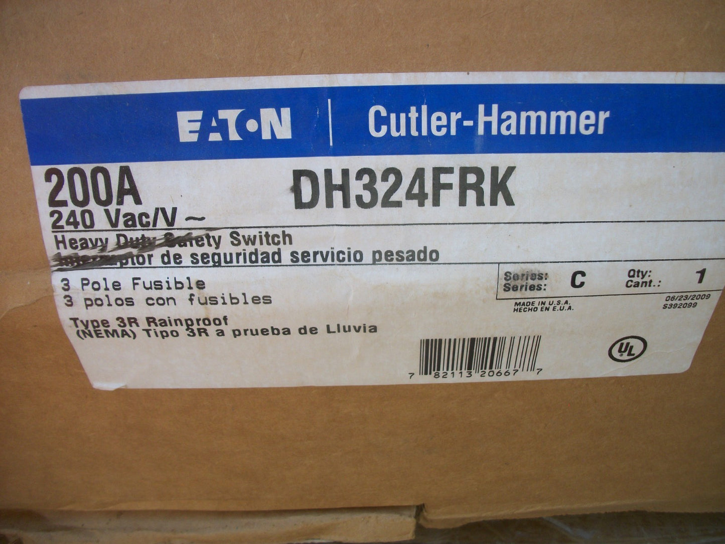 CUTLER-HAMMER DISCONNECT TYPE 3R DH324FRK 200AMP 240VOLT 3POLE FUSIBLE NIB