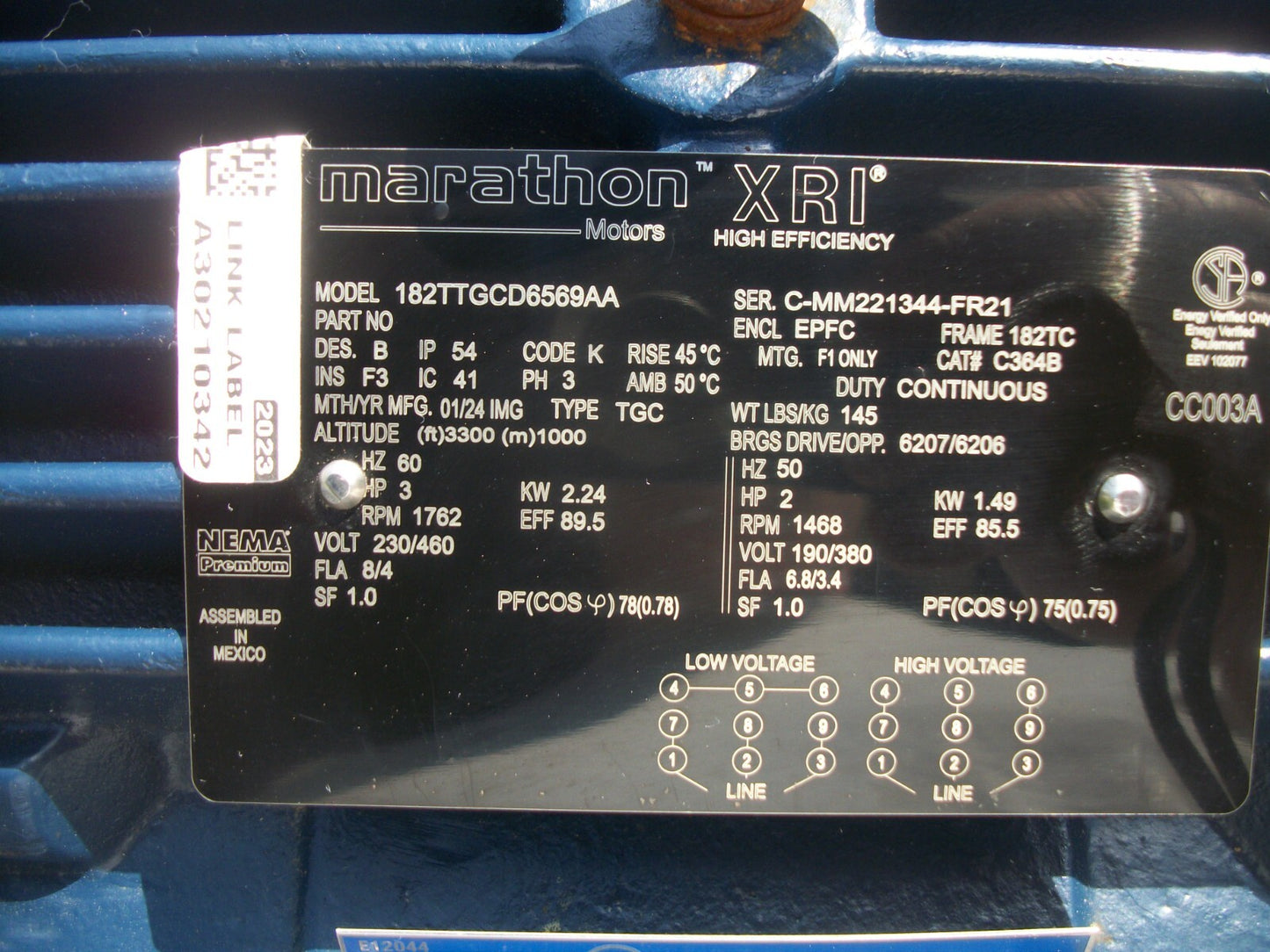 MARATHON XRI 182TTGCD6569AA 182TC EPFC AC MOTOR C364B 460VOLT 3PH 1762RPM NOB