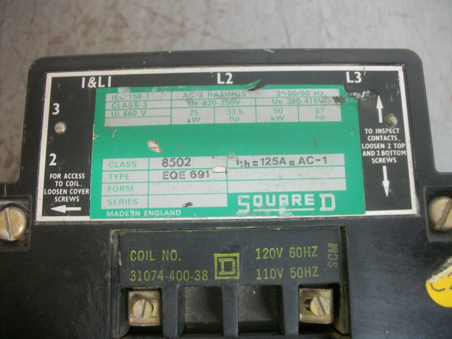 SQUARE D SIZE 3 CONTACTOR 8502EQE691 120VCOIL 3PH 415VOLT 67HP