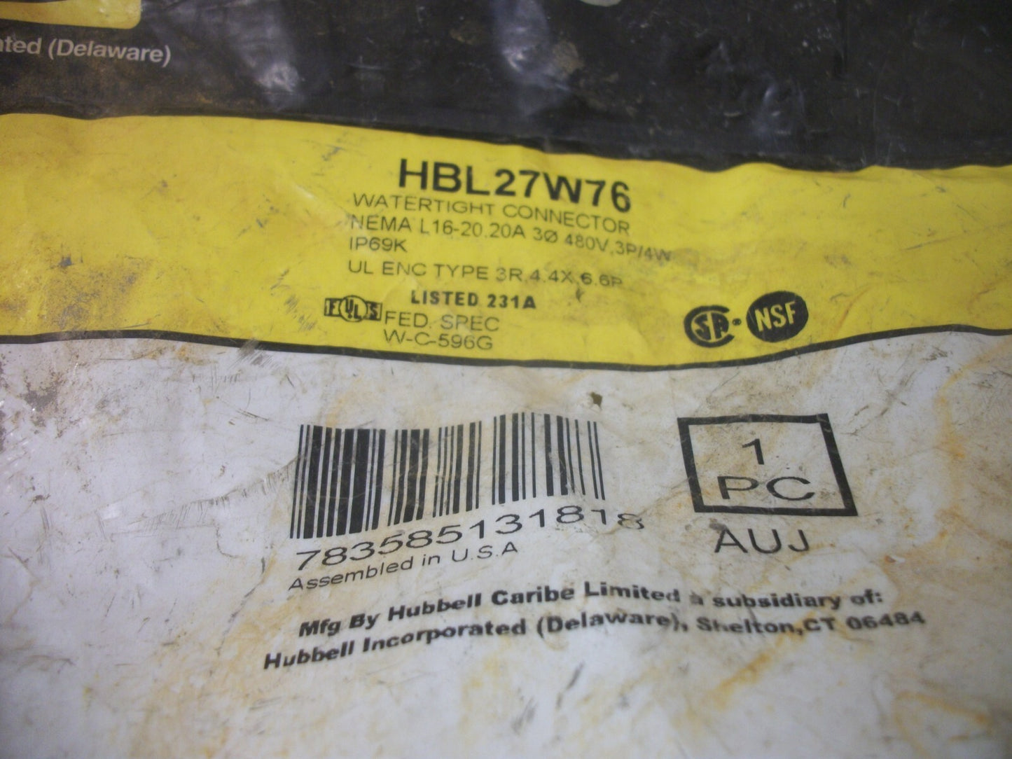 HUBBELL WATERTIGHT CONNECTOR HBL27W76 20AMP 480VOLT 3PH 3P 4W NEW