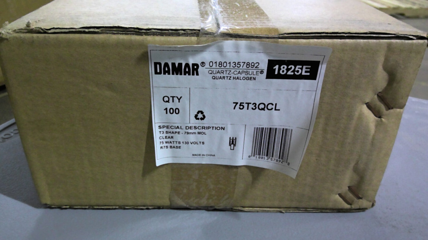 DAMAR 1825E BOX OF 100 CLEAR 79MM T3 QUARTZ-CAPSULE HALOGEN BULBS 75T3QCL NIB