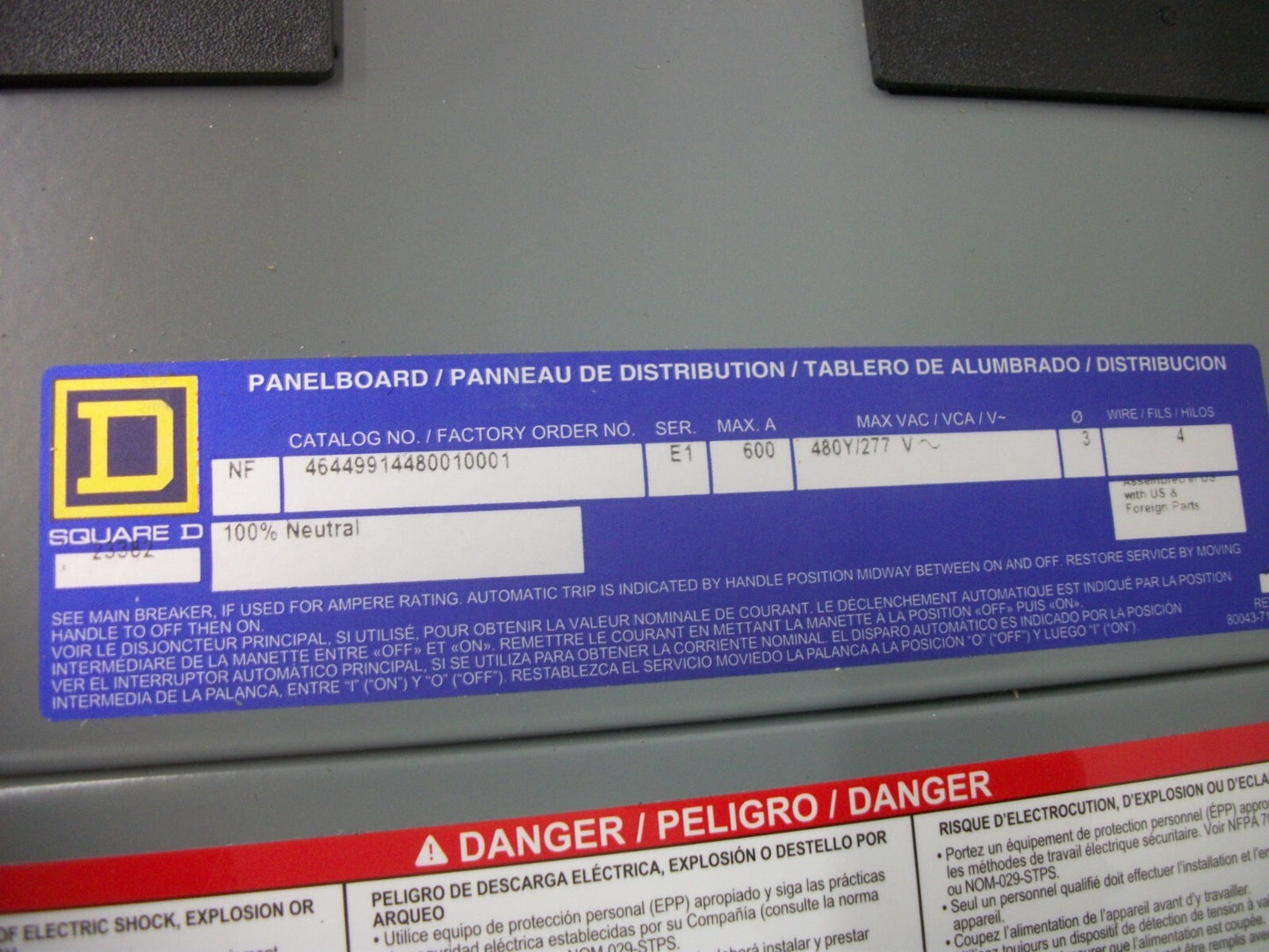 SQUARE D NF PANELBOARD NF46449914480010001 600A 480Y/277V 3PH W/600A MAIN NOB