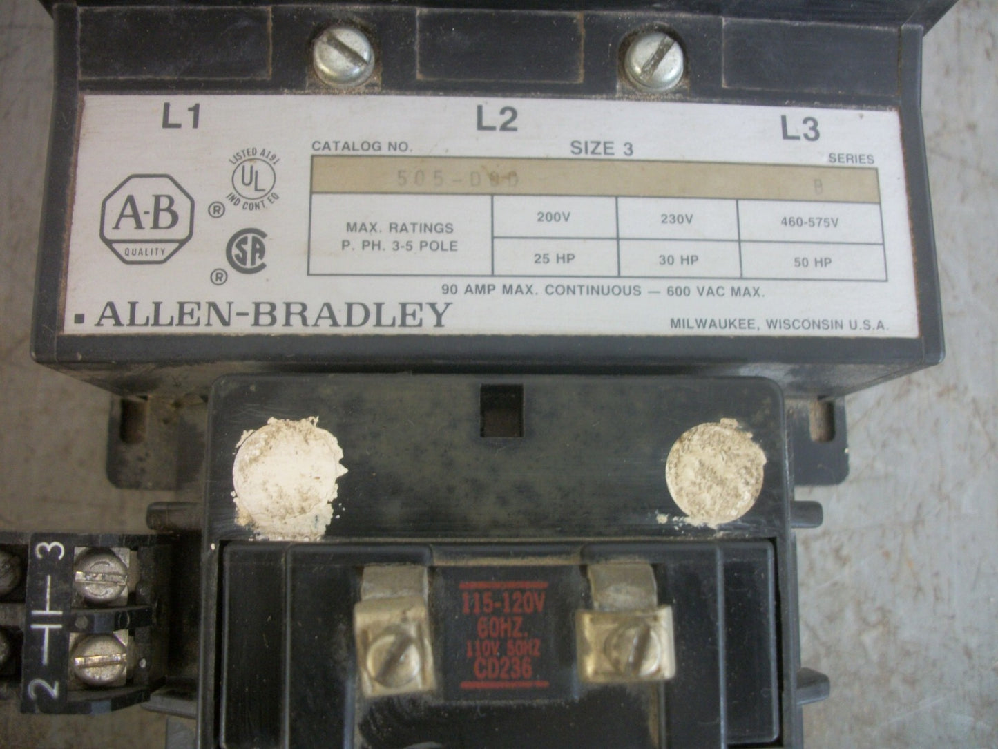 ALLEN-BRADLEY SIZE 3 CONTACTOR 505-DOD 90AMP 120VCOIL 3PH 600V 50HP