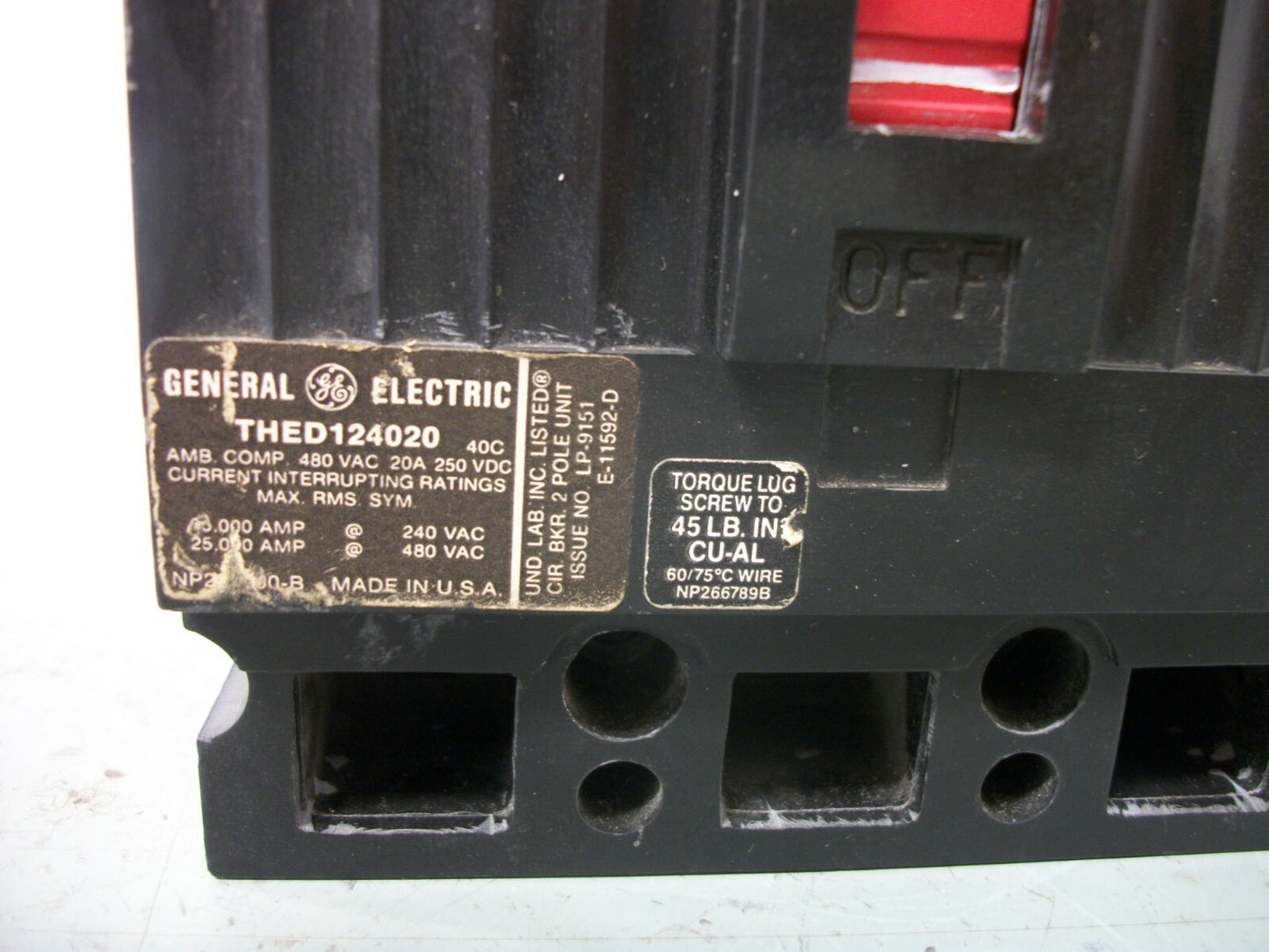 GE THED CIRCUIT BREAKER THED124020 20AMP 480VOLT 2POLE BLACK