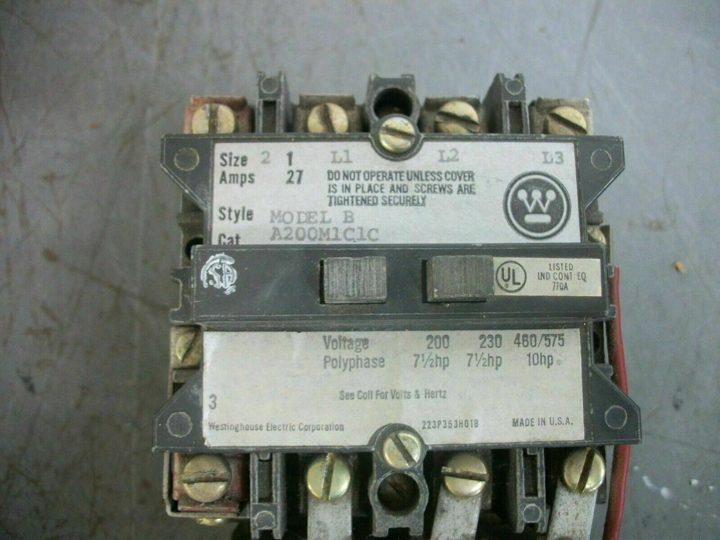 WESTINGHOUSE SIZE 1 MOTOR STARTER A200M1C1C 27AMP 24VCOIL 3PH 600VOLT 10HP